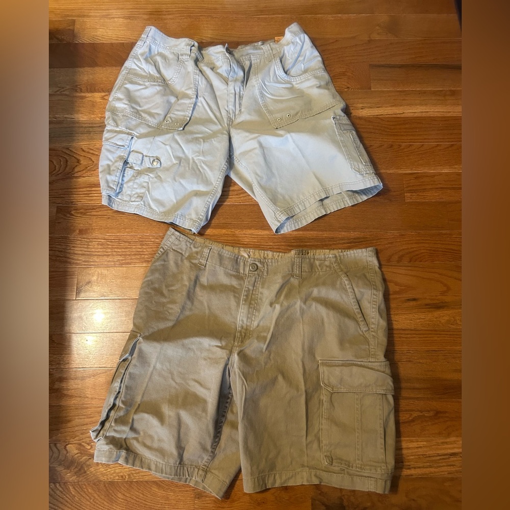 2 pair men’s cargo khaki shorts. 44” waist.  Lots of pockets!